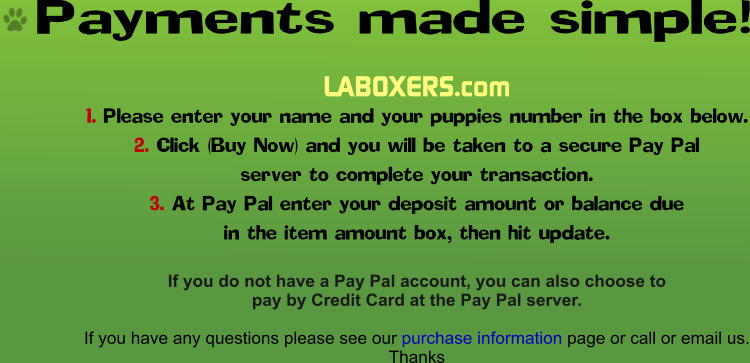 Payments made simple! LABOXERS.com 1. Please enter your name and your puppies number in the box below. 2. Click (Buy Now) and you will be taken to a secure Pay Pal  server to complete your transaction. 3. At Pay Pal enter your deposit amount or balance due in the item amount box, then hit update.   If you do not have a Pay Pal account, you can also choose to  pay by Credit Card at the Pay Pal server.  If you have any questions please see our purchase information page or call or email us. Thanks