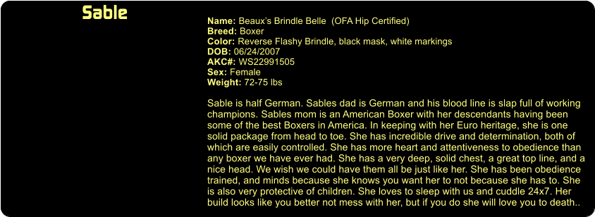 Sable  Name: Beaux’s Brindle Belle  (OFA Hip Certified) Breed: Boxer Color: Reverse Flashy Brindle, black mask, white markings DOB: 06/24/2007 AKC#: WS22991505 Sex: Female Weight: 72-75 lbs  Sable is half German. Sables dad is German and his blood line is slap full of working champions. Sables mom is an American Boxer with her descendants having been some of the best Boxers in America. In keeping with her Euro heritage, she is one  solid package from head to toe. She has incredible drive and determination, both of which are easily controlled. She has more heart and attentiveness to obedience than  any boxer we have ever had. She has a very deep, solid chest, a great top line, and a  nice head. We wish we could have them all be just like her. She has been obedience trained, and minds because she knows you want her to not because she has to. She  is also very protective of children. She loves to sleep with us and cuddle 24x7. Her build looks like you better not mess with her, but if you do she will love you to death..